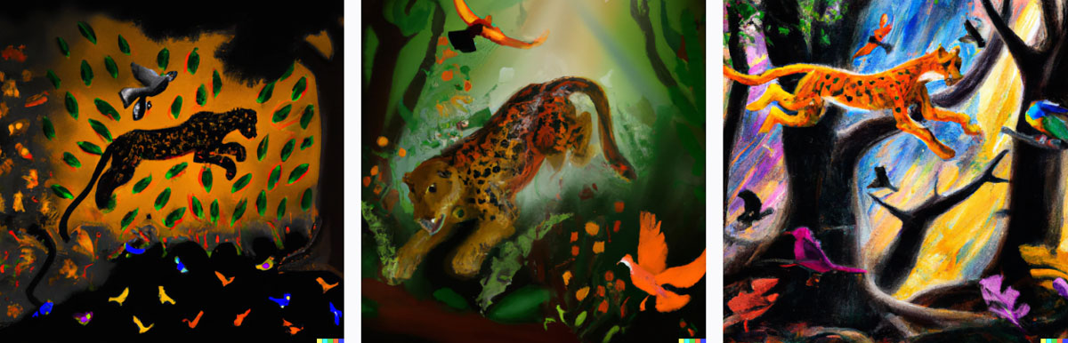 DALLE-E a impressionist panther on the jump in a dark and orange jungle with colored birds